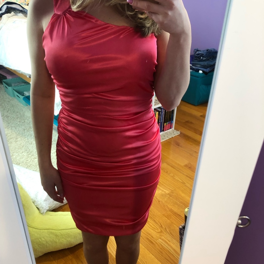 One strap, peach midi dress